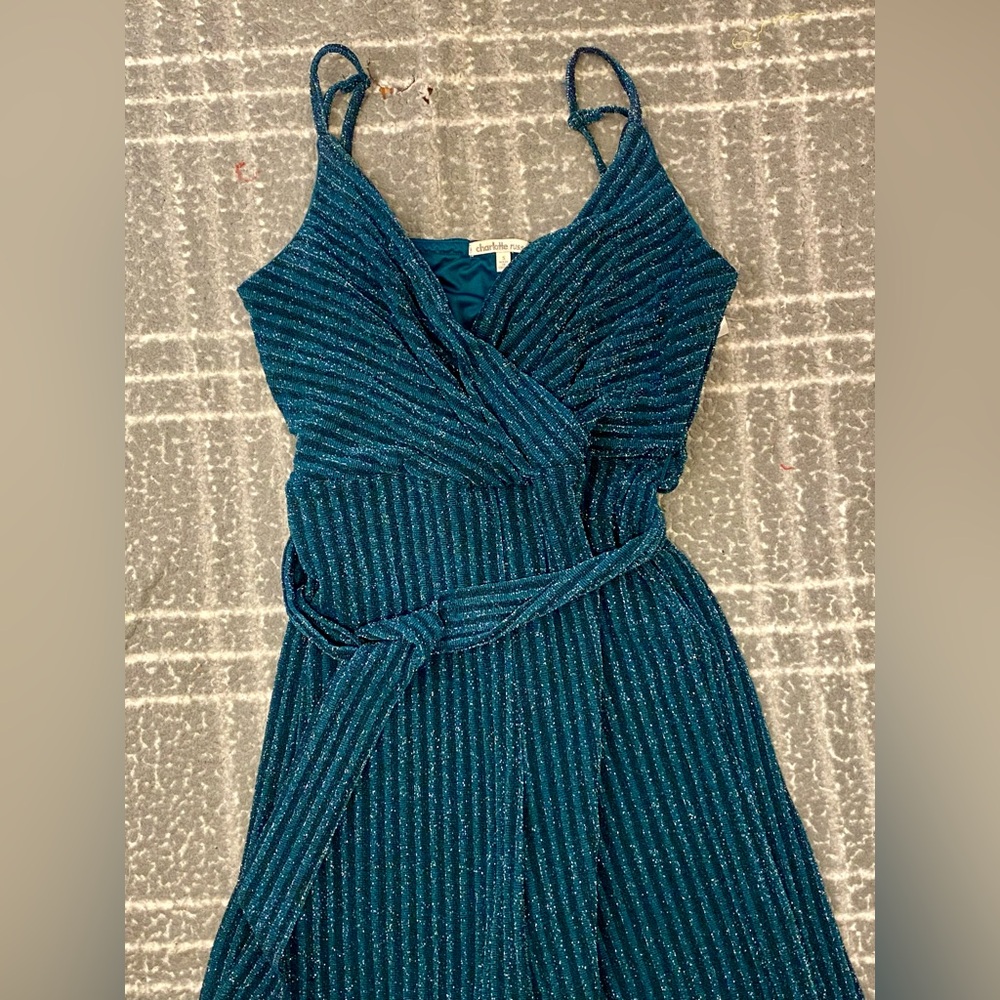 NWT Charlotte Russe Vintage Y2K‎ Glitter Teal Striped Jumpsuit Womens Small NEW
